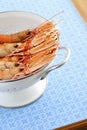 Shrimps in colander elevated view Royalty Free Stock Photo