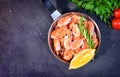 Shrimps dish. Fried prawns in a pan. Copy space Royalty Free Stock Photo