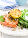 Shrimps with green asparagus Royalty Free Stock Photo