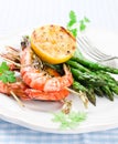 Shrimps with green asparagus Royalty Free Stock Photo