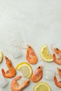 Shrimps, ice cubes and lemon slices on white textured background Royalty Free Stock Photo