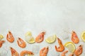 Shrimps, ice cubes and lemon slices on white textured background Royalty Free Stock Photo