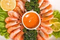 Shrimps with lemon, sauce and lettuce Royalty Free Stock Photo