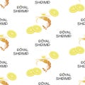 Shrimps, lemon slice. Royal Shrimp. Vector background. Symbol shrimp in crown. Seamless pattern