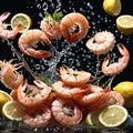 Shrimps with lemon water splash on black background, food illustration image generative ai