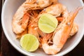 Shrimps and lemon in white bowl Royalty Free Stock Photo