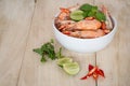 Shrimps and lemon in white bowl Royalty Free Stock Photo