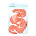 Shrimps in plastic bag with zipper, transparent pack of pink prawns with tails and heads Royalty Free Stock Photo
