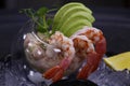 shrimps or prawns cocktail with marie rose dressing and avocado on ice