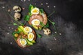 Shrimps, prawns, soft fried egg, fresh salad, tomatoes, cucumbers and avocado on a dark background. Ketogenic diet breakfast. Keto Royalty Free Stock Photo
