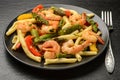 Shrimps prepared with asparagus, tomatoes and paprika.