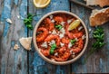 Shrimps saganaki with feta cheese on a plate on a table Royalty Free Stock Photo