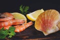 Shrimps and scallops in shells lie with lemon and herbs on a dark board before cooking