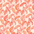 Shrimps. Seamless pattern background. Drawn illustration, sketch, doodle