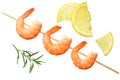 shrimps skewers with lemon and rosemary isolated on a white background. top view Royalty Free Stock Photo