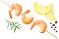 Shrimps skewers with lemon and rosemary isolated on a white background. top view Royalty Free Stock Photo