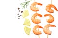 shrimps skewers with lemon and rosemary isolated on a white background. top view Royalty Free Stock Photo