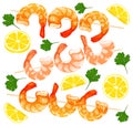 Shrimps on skewers, shrimps without shell, shrimp meat. Boiled Shrimp drawing on a white background