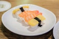 Shrimps sushi Amaebi and japanese rolled omelette tamagoyaki