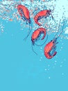 Shrimps in water. Drawn illustration, sketch, doodle