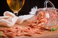 Shrimps on a wooden board end glass of beer Royalty Free Stock Photo