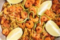 Shrimps and zucchini noodles, close-up Royalty Free Stock Photo