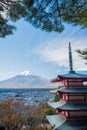 Scenic view of spectacular Goju-no-To five-storied pagoda tower,autumn leaves and Fujisan ,Shimoyoshida,Yamanashi,Japan.