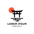 Shrine with red sun logo ,Japanese torii gate icon vector in line style