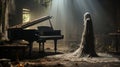 Shrouded mysterious figure covered in sheer garment standing next to an old dusty piano in an abandoned house