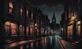 Shrouded Urbanity: Dimly Lit Street, Obscure Cityscape, and Enigmatic Building