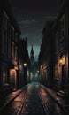 Shrouded Urbanity: Dimly Lit Street, Obscure Cityscape, and Enigmatic Building