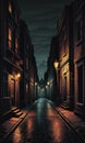 Shrouded Urbanity: Dimly Lit Street, Obscure Cityscape, and Enigmatic Building