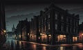 Shrouded Urbanity: Dimly Lit Street, Obscure Cityscape, and Enigmatic Building