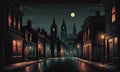 Shrouded Urbanity: Dimly Lit Street, Obscure Cityscape, and Enigmatic Building