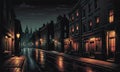 Shrouded Urbanity: Dimly Lit Street, Obscure Cityscape, and Enigmatic Building