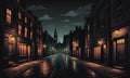 Shrouded Urbanity: Dimly Lit Street, Obscure Cityscape, and Enigmatic Building