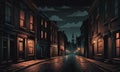 Shrouded Urbanity: Dimly Lit Street, Obscure Cityscape, and Enigmatic Building