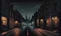 Shrouded Urbanity: Dimly Lit Street, Obscure Cityscape, and Enigmatic Building