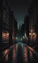 Shrouded Urbanity: Dimly Lit Street, Obscure Cityscape, and Enigmatic Building