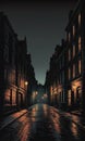 Shrouded Urbanity: Dimly Lit Street, Obscure Cityscape, and Enigmatic Building