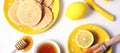 Shrove Tuesday pancakes, honey and lemons banner.