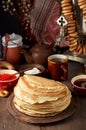 Shrovetide Maslenitsa Butter Week festival meal. Stack of russian pancakes blini Royalty Free Stock Photo