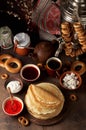 Shrovetide Maslenitsa Butter Week festival meal. Stack of russian pancakes blini Royalty Free Stock Photo