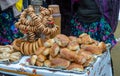 Shrovetide Maslenitsa Butter Week festival meal. Stack of russian pancakes. Russian tea samovar with a bunch of bagels