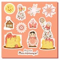 Shrovetide stickers. Russian spring holiday. Spring meeting. Maslenitsa week. Inscription in Russian: delicious Maslenitsa