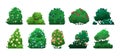 Shrubbery with flowers. Cartoon bushes with blooming plants, garden topiary of deciduous bushes with blooming flowers