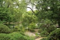 Shrubs, trees, a lake and walking paths at a beautiful Japanese Garden in Wisconsin Royalty Free Stock Photo