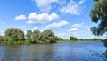 Shrubs and willows grow on the grassy and sandy banks of the river. The branches of the trees overhang the water. The wind creates