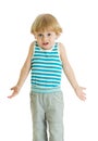 Shrugging child. Kid boy looks puzzled, isolated Royalty Free Stock Photo