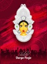 Shubh Durga Pooja Festival card or template design with illustration of Goddess Durga Maa and silhouette of people dancing on red